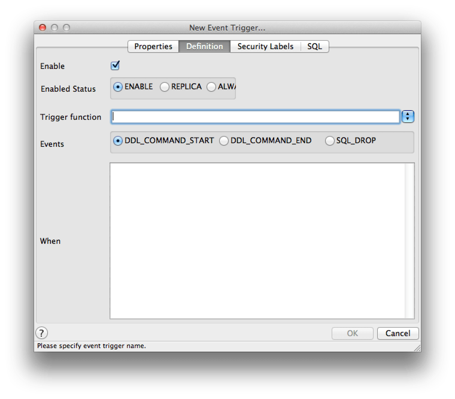 PostgreSQL Re pgAdmin Event Trigger Compatibility